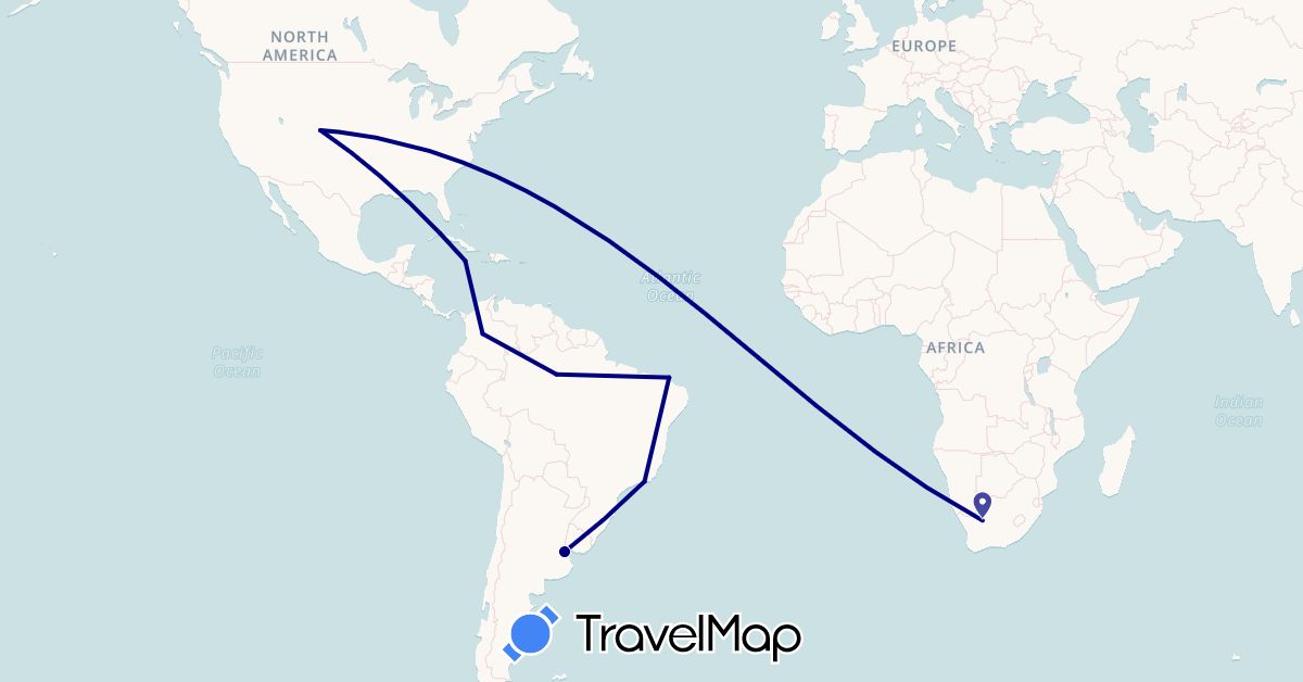 TravelMap itinerary: driving in Argentina, Brazil, Canada, Colombia, Cuba, Jamaica, Latvia, United States (Europe, North America, South America)